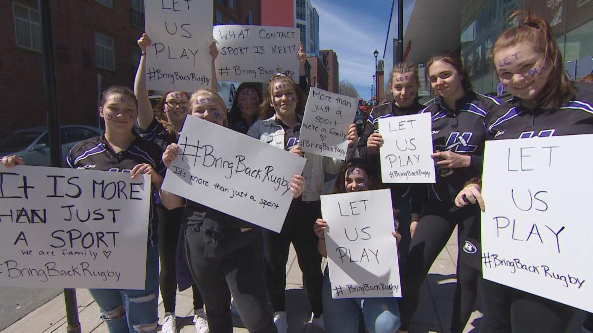 High school rugby players protested outside a luncheon held by the Nova Scotia School Athletic Federation after the federation’s decision to cancel high school rugby.