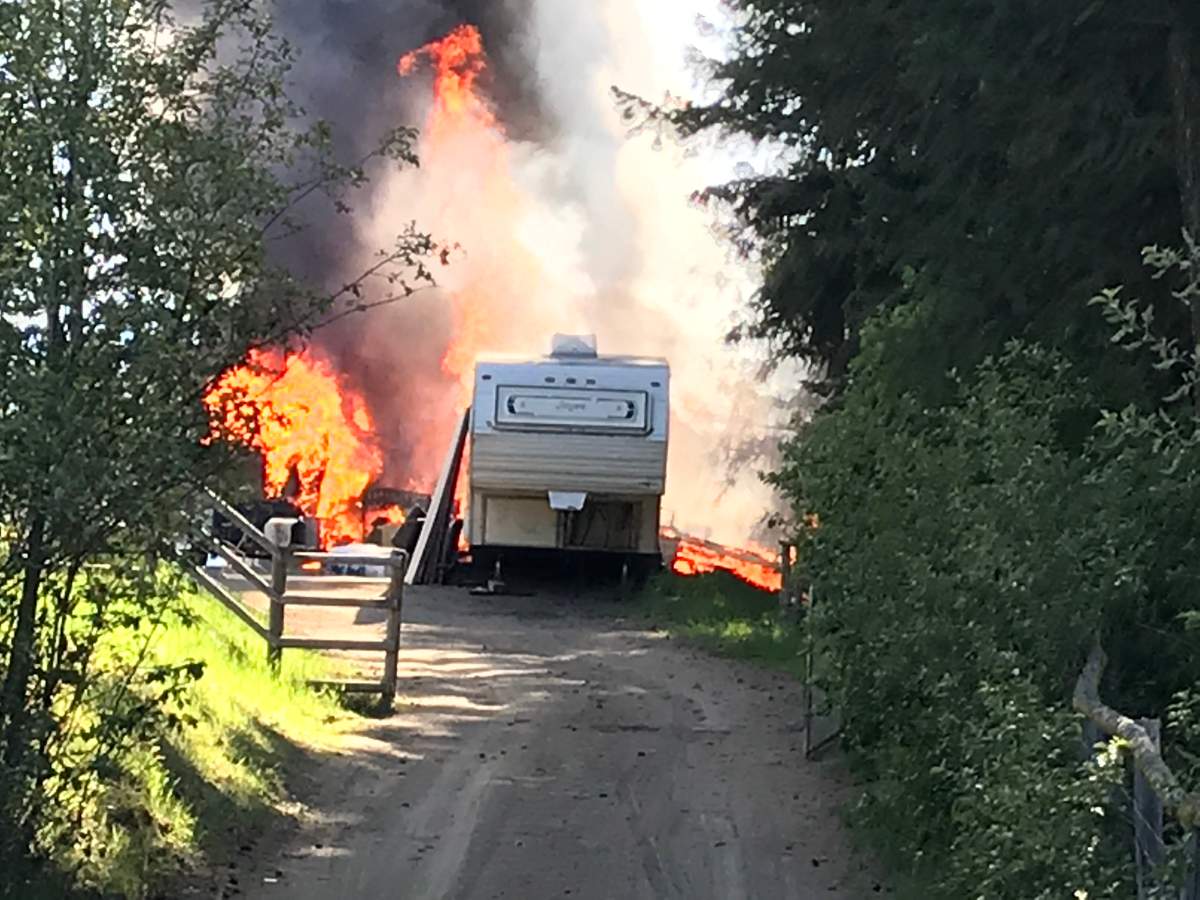 Sheds and a trailer on a Spallumcheen property were destroyed in a fire on Sunday morning.  