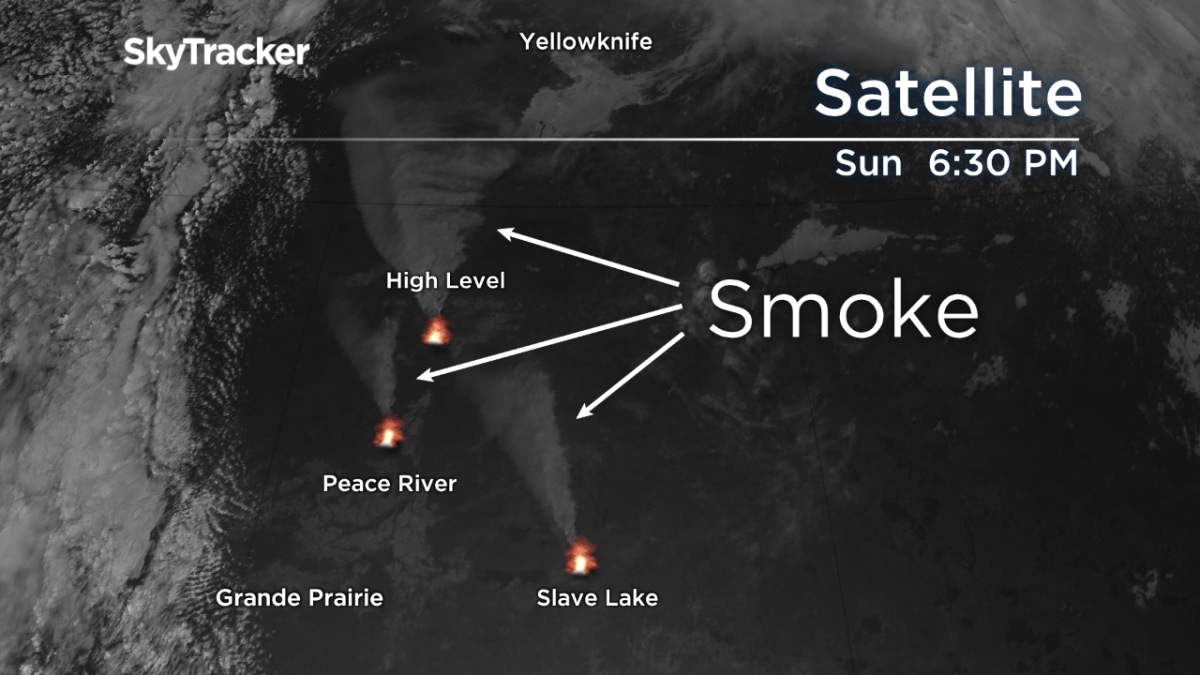 Plumes of smoke from out-of-control wildfires burning in Alberta’s Peace Region can be clearly seen from satellite imagery.