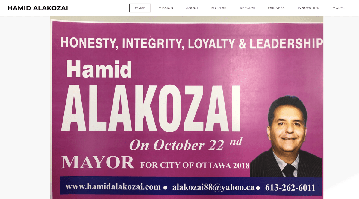 Screen grab from campaign website of former Ottawa mayoral candidate Hamid Alakozai.