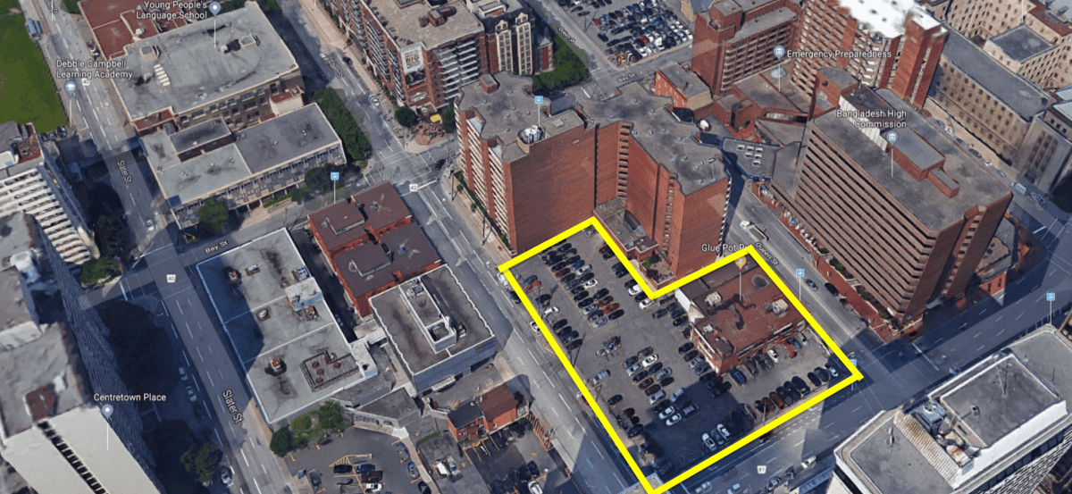 The proposed site for a new pair of 27-storey residential towers and nine-storey podium at 383 Albert St. and 340 Queen St. in downtown Ottawa.