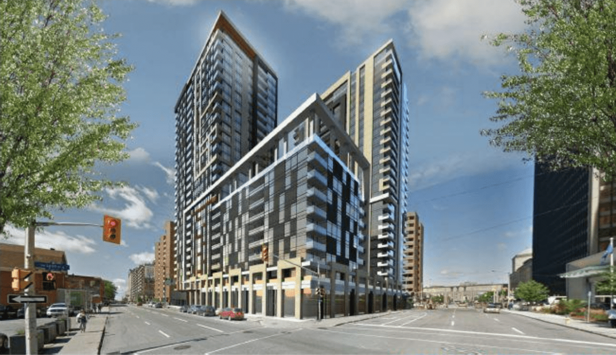 A rendering of the proposed development for 383 Albert St. and 340 Queen St. that would be constructed around the Lyon Street LRT station in downtown Ottawa.