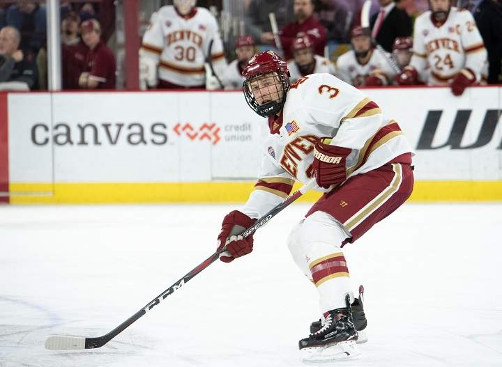 Sean Comrie, seen here playing for the University of Denver, has signed a contract with the Kelowna Rockets. In May 2020, Kelowna will host the Memorial Cup.