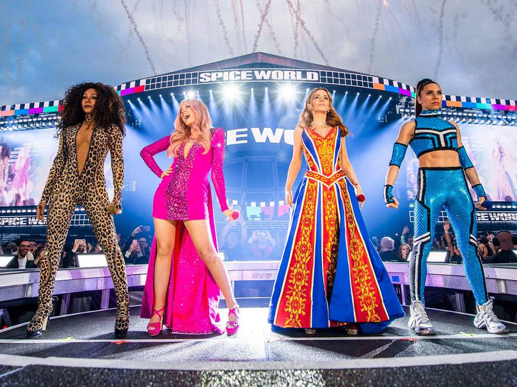 (L-R) Mel B, Emma Bunton, Geri Horner and Mel C performing live onstage during the opening night of the Spice World tour in Dublin, Ireland, on May 24, 2019.