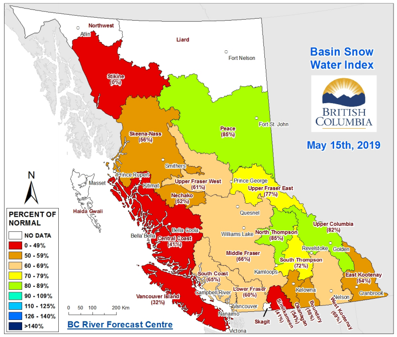 B.C. snowpack levels as of May 15, 2019.