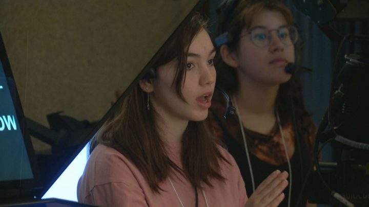 Grade 9 girls put together a newscast at SAIT on Wednesday as part of the Explore STEM program.