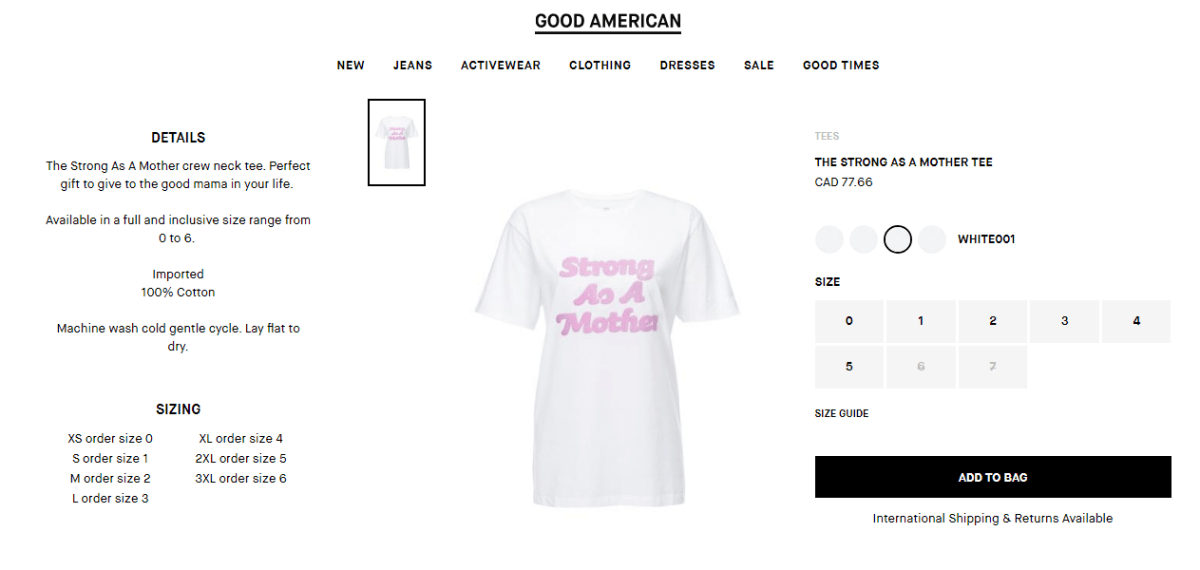 A screencapture of T-shirts for sale at the Good American website.