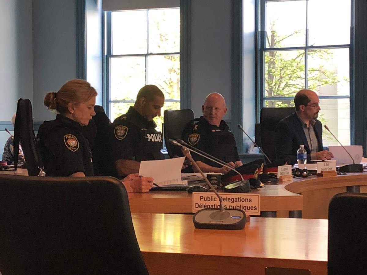 Ottawa Police Deputy Chief Uday Jaswal (centre left) attends a meeting of the Ottawa Police Services Board on Monday, May 27. In light of allegations of misconduct made against him related to his time with the Durham Regional Police Service, Jaswal has proposed he not serve as interim police chief for two months this summer, board chair Diane Deans announced.