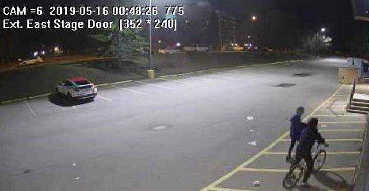 Prince Albert police released this surveillance photo of two alleged suspects after numerous properties were spray-painted.