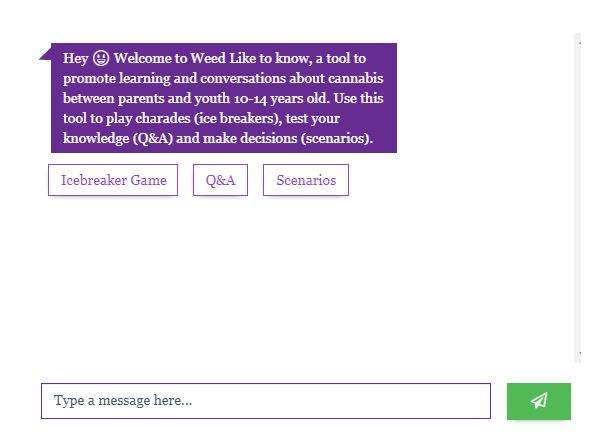 The chatbot on the Parent Action on Drugs website allows parents to play interactive games with their children to help open up the conversation about cannabis.
