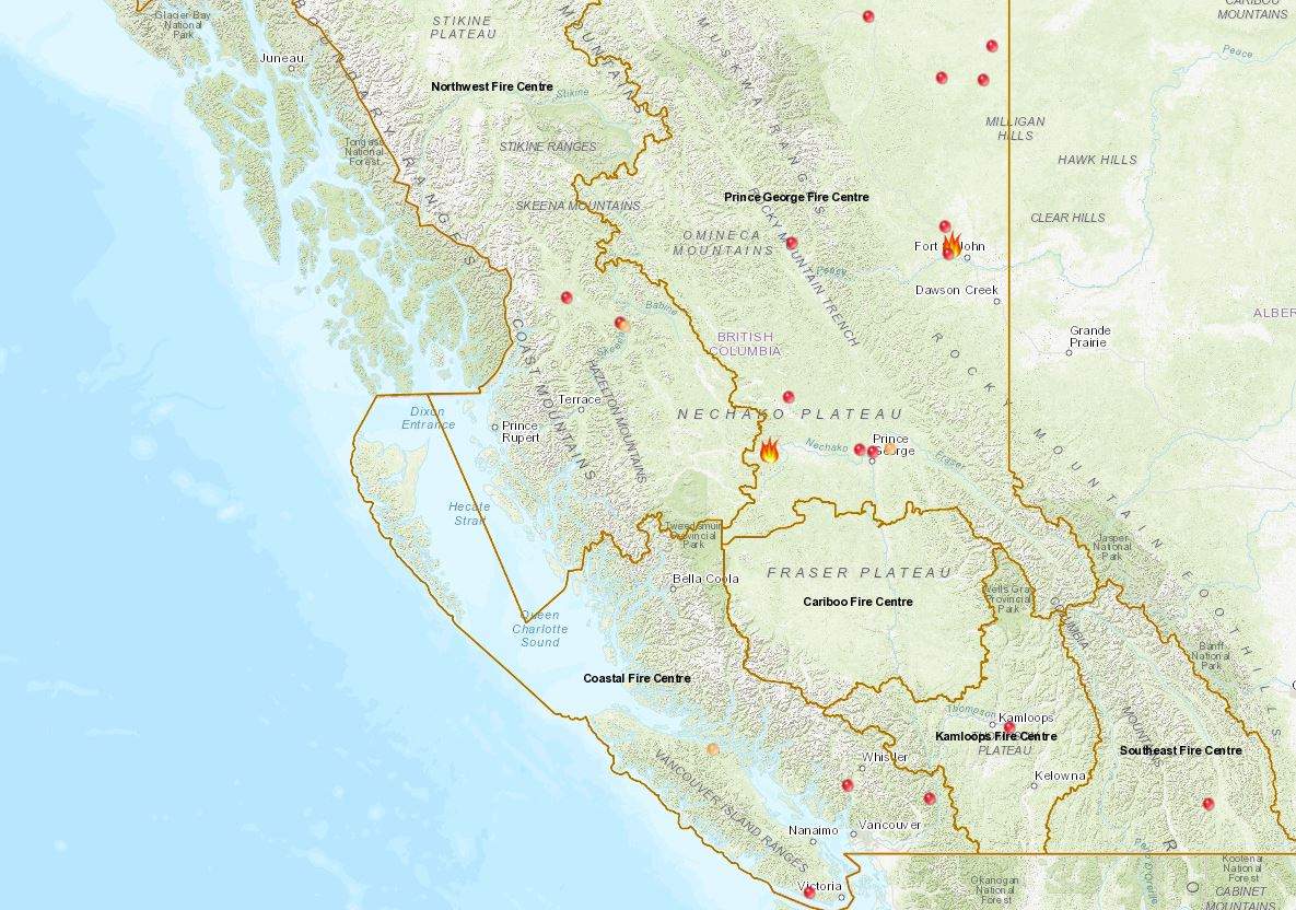 A look at the wildfires burning across the province as of Sunday, May 12, 2019. The large flame icons indicate wildfires of note, including the Lejac fire near Prince George.