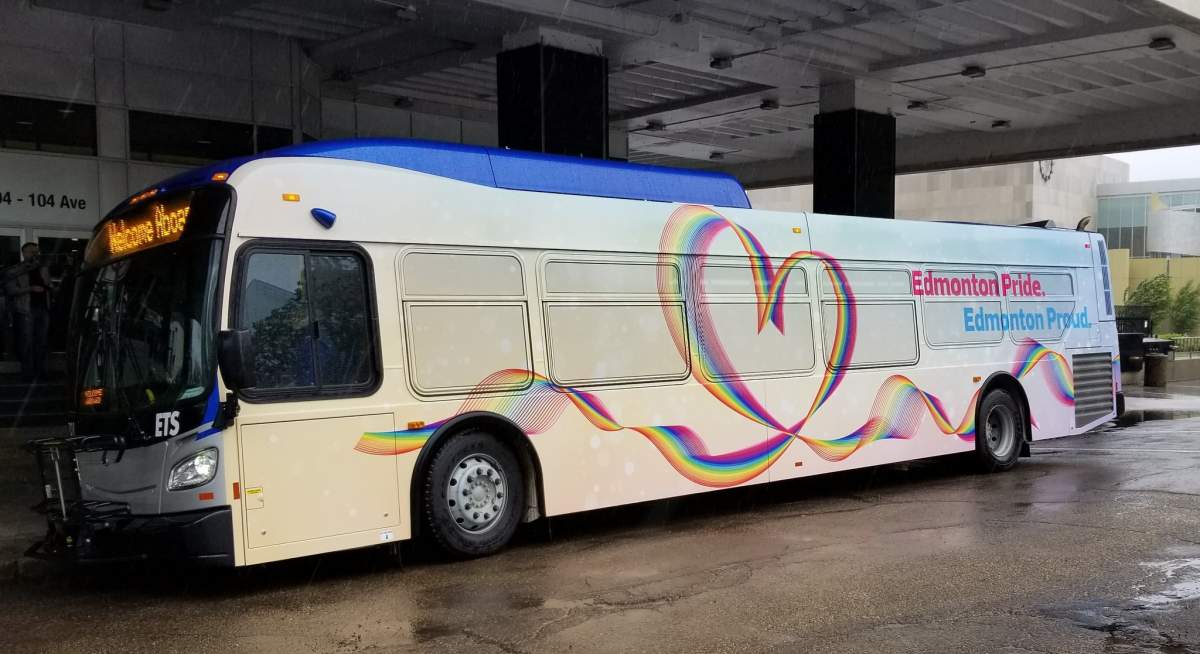Edmonton Transit Service Pride bus, unveiled to kick off Pride Week in Edmonton, June 7, 2019.