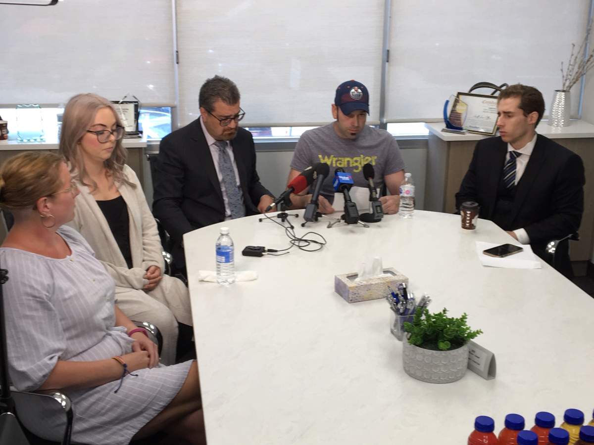 Jackie Neil (Tim’s sister), Brianne Hague (Tim’s widow), Norm Assiff (lawyer), Ian Hague (Tim’s brother), and Ari Schacter (lawyer) speak about the lawsuit on June 17, 2019.