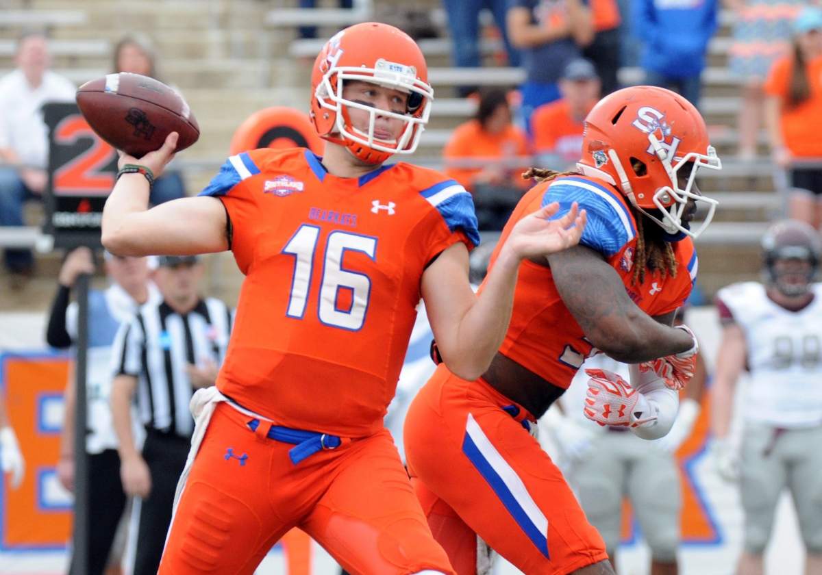 Sam Houston State quarterback Jeremiah Briscoe throws a pass during the first half of an NCAA college football game against Colgate in the quarterfinals of the Football Championship Subdivision, Saturday, Dec. 12, 2015, in Huntsville, Texas.