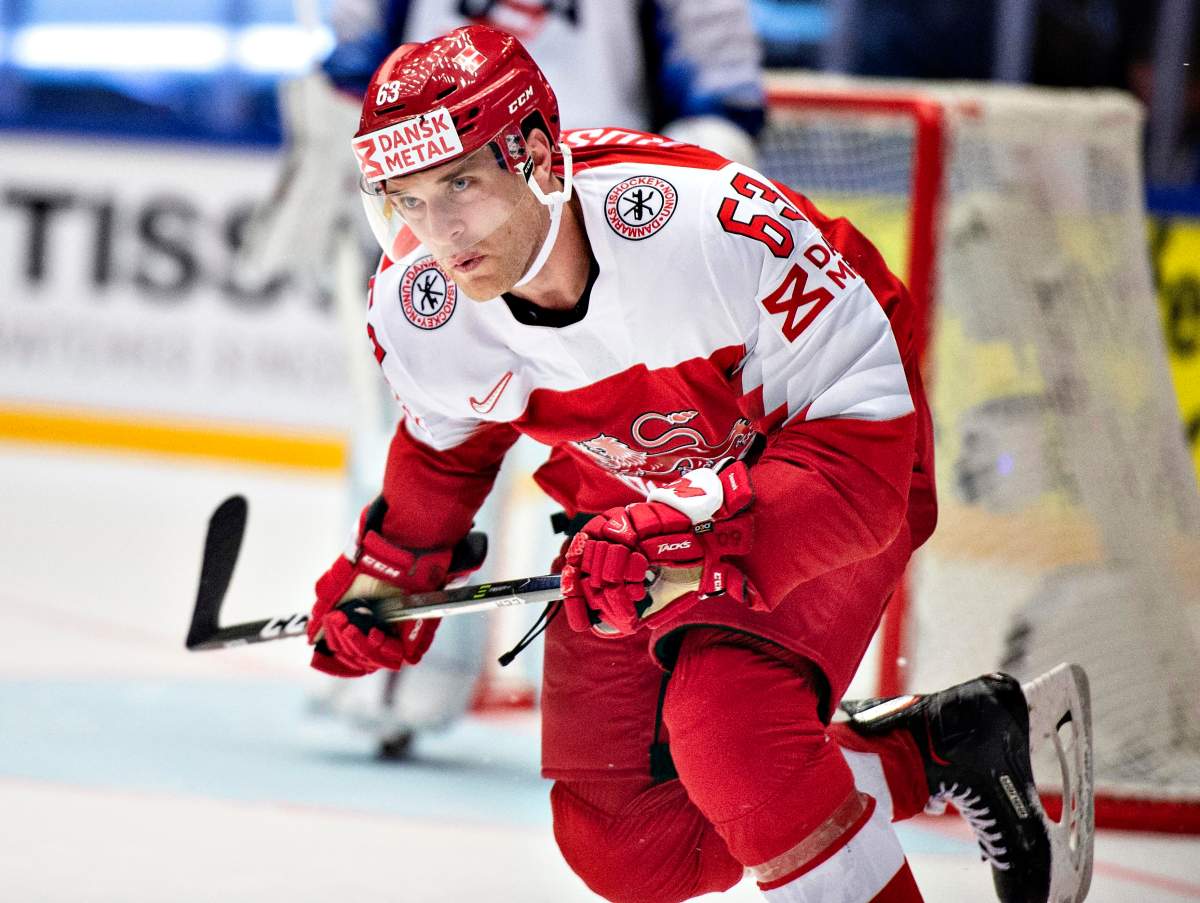 Patrick Russell of Denmark in action during the IIHF World Championship Group B ice hockey match between Denmark and the USA at Jyske Bank Boxen in Herning, Denmark, 05 May 2018.  