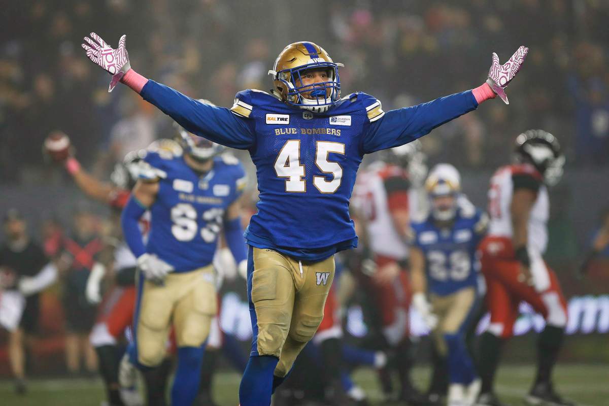 Jovan Santos-Knox (45) celebrates a fumble recovery during the second half of CFL action against the Calgary Stampeders, in Winnipeg, Friday, Oct. 26, 2018.