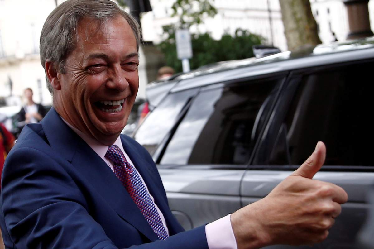 Leader of the Brexit Party Nigel Farage, arrives at a party's news conference following the results of the European Parliament elections, in London, Britain May 27, 2019. 