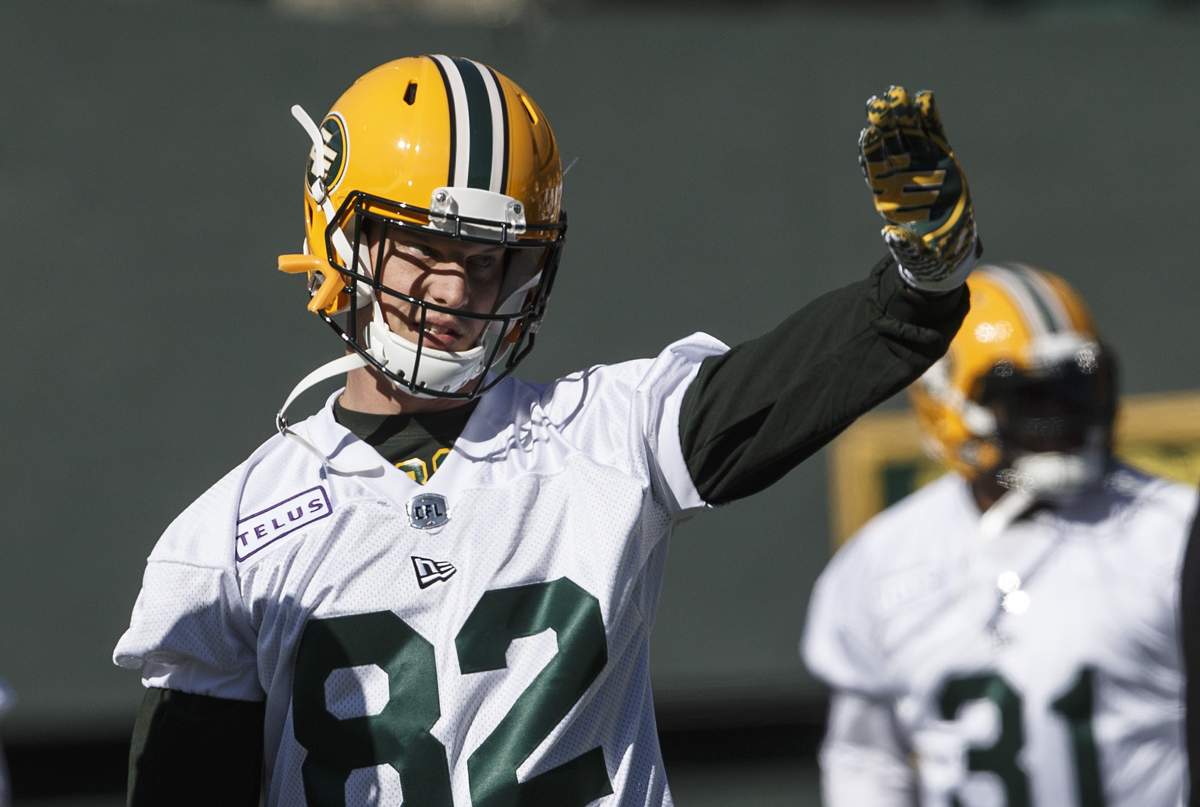 Edmonton Eskimos wide receiver Greg Ellingson (82) takes part in training camp in Edmonton, Alta., on Sunday May 19, 2019. 