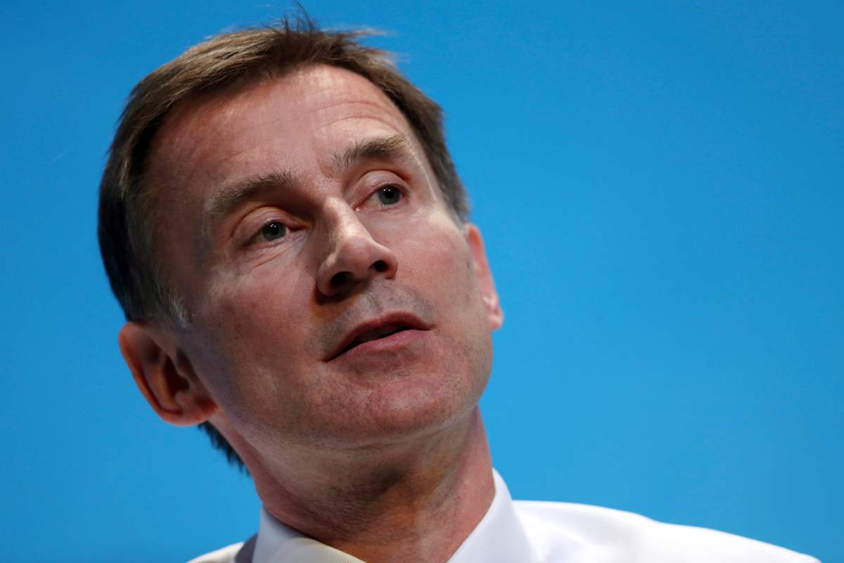 Britain's Secretary of State and prime ministerial contender Jeremy Hunt address Conservative Party members during the Conservative Party leadership contest at the ICC in England's Birmingham, Britain, Saturday, June 22, 2019. 