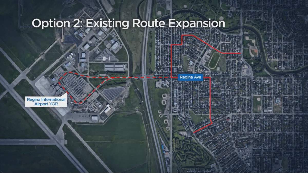 The second option for adding airport transit in Regina involves a deviation from the city’s already established Normandy Heights/Eastview route.