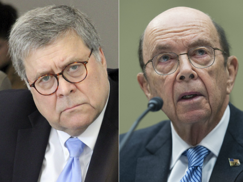 Left, U.S. Attorney General William Barr. Right, U.S. Commerce Secretary Wilbur Ross.