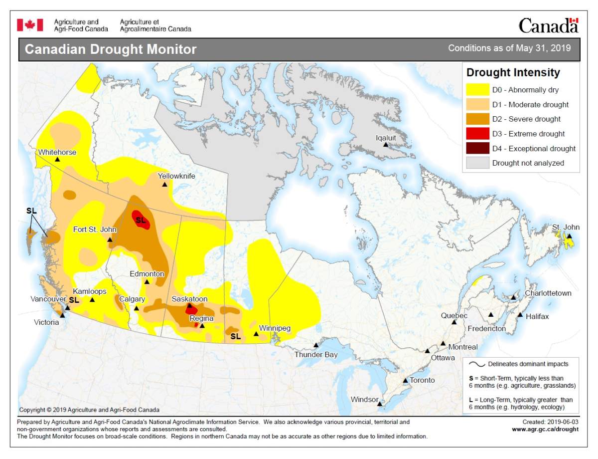 The Canadian Drought Monitor showing the most recent conditions across southern Alberta as of May 31, 2019.