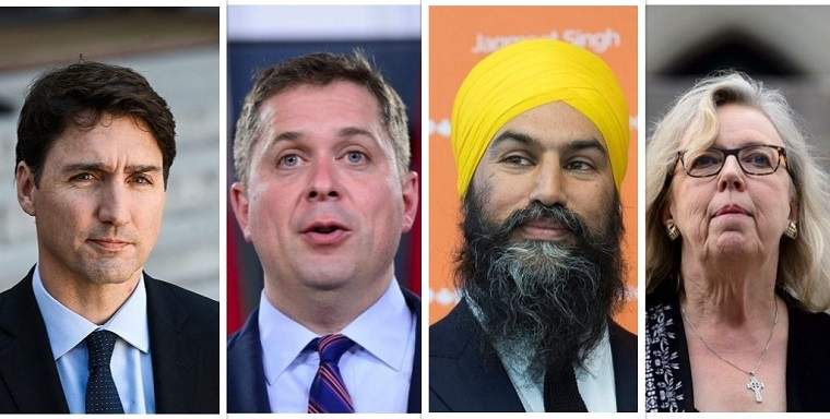 Federal party leaders from left to right: Liberal party Leader Justin Trudeau, Conservative party Leader Andrew Scheer, NDP Leader Jagmeet Singh, Green party Leader Elizabeth May.