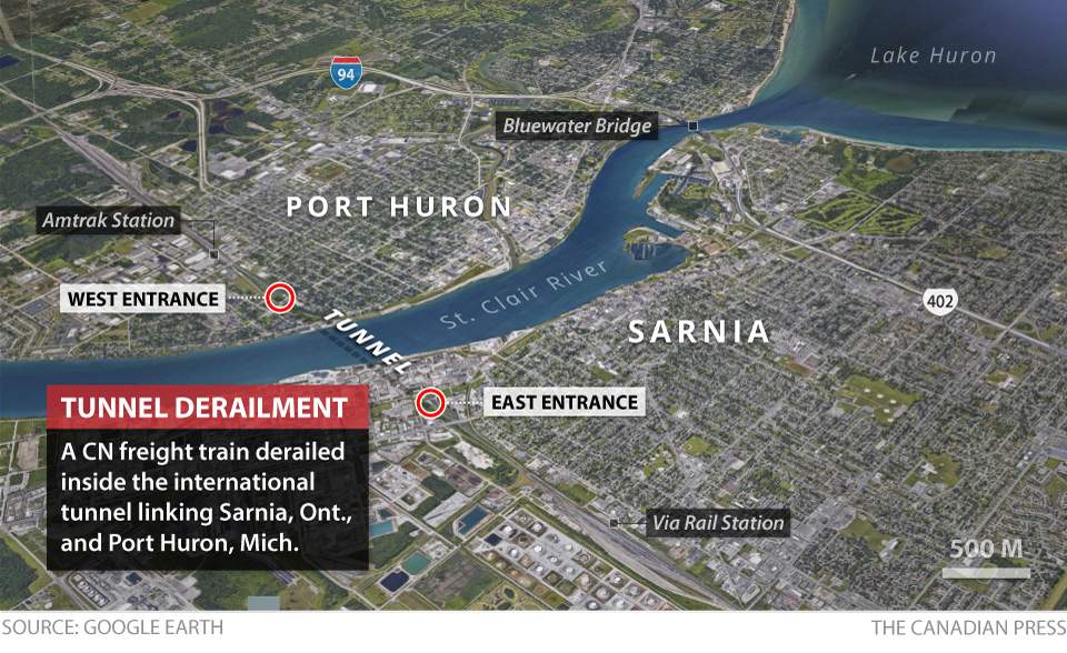 A train derailed while crossing the border between Sarnia, Ont. and Port Huron, Mich. on June 28.