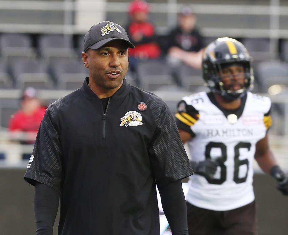 Orlondo Steinauer, head coach for the Hamilton Tiger-Cats, is shown prior to playing the Ottawa Redblacks in CFL pre-season football in Ottawa Saturday, June 1, 2019. Either Orlondo Steinauer or Craig Dickenson will emerge victorious in the CFL head-coaching debuts. THE CANADIAN PRESS/Fred Chartrand