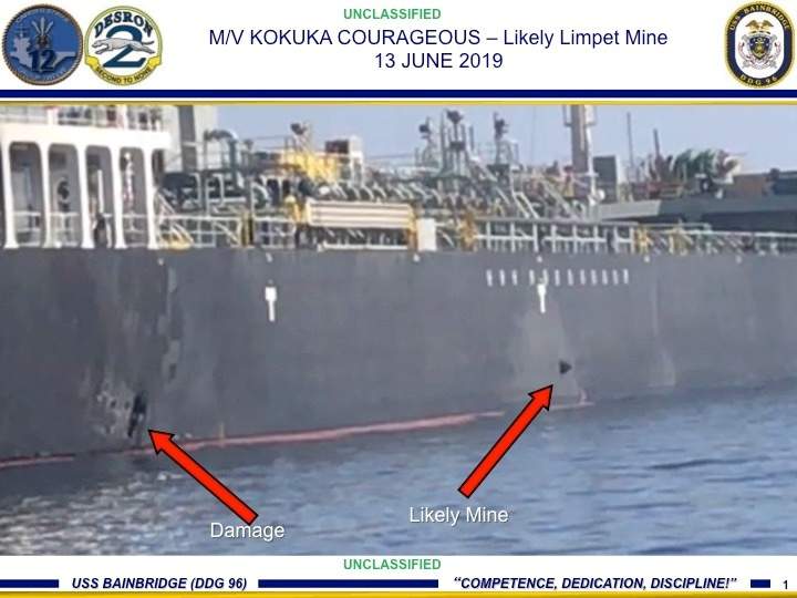 A picture released by U.S. Central Command shows damage from an explosion, on the left, and a likely limpet mine, on the hull of the civilian vessel M/V Kokuka Courageous in the Gulf of Oman in the Arabian Sea, in waters between Gulf Arab states and Iran, June 13, 2019.