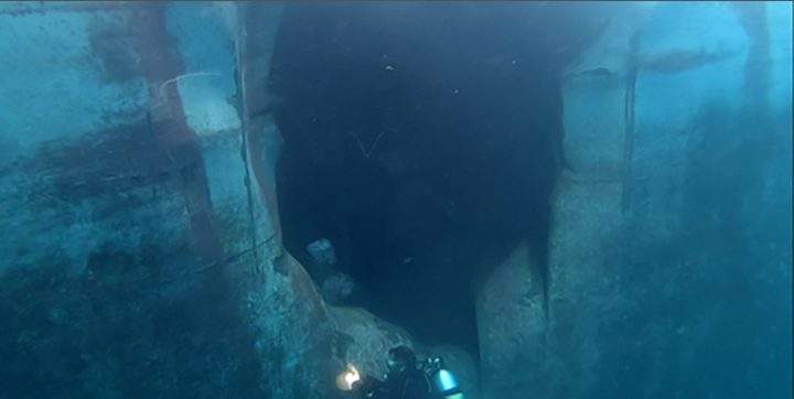 An undated photograph provided June 6, 2019 by the United Arab Emirates mission to the United Nations shows underwater damage to the Emirati vessel A. Michel in the Port of Fujairah.