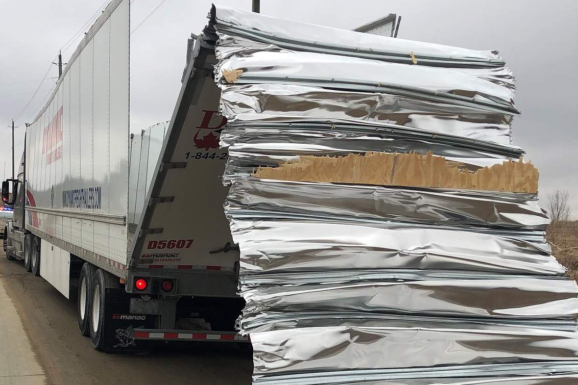 OPP provided an image of a truck damaged by the railway bridge in Zorra Township.