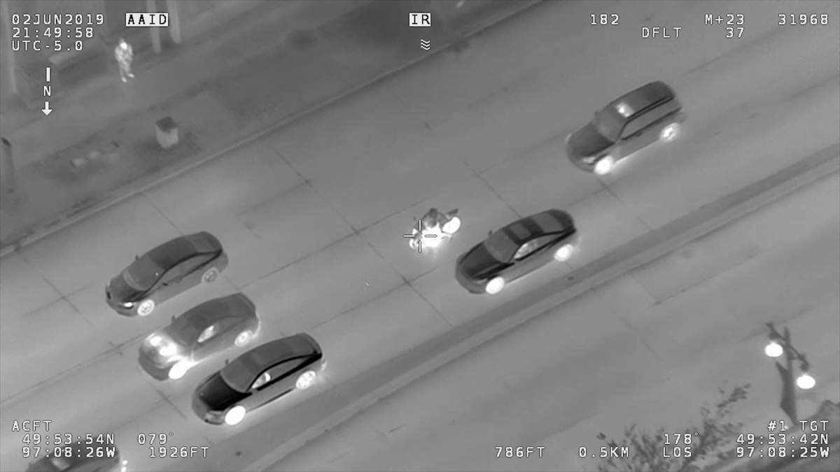 The police helicopter tracked this motorcycle for 40 minutes before the driver was arrested.