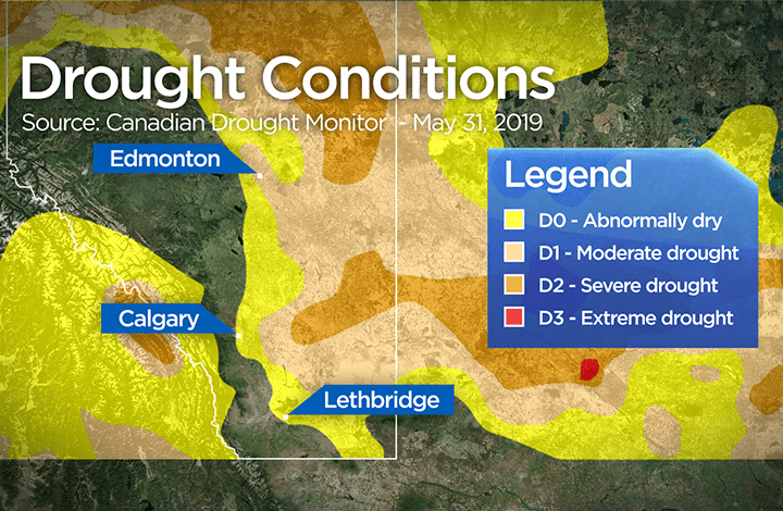 The Canadian Drought Monitor showing the most recent conditions across southern Alberta as of May 31, 2019.