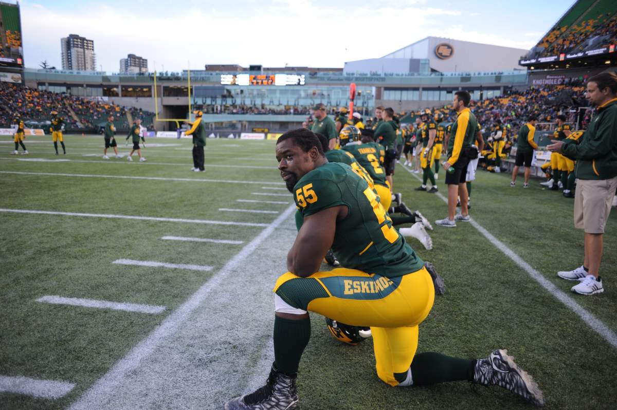 Edmonton Eskimos player Elie Ngoyi at a game against the Calgary Stampeders at Commonwealth Stadium on Saturday, September 10, 2016.