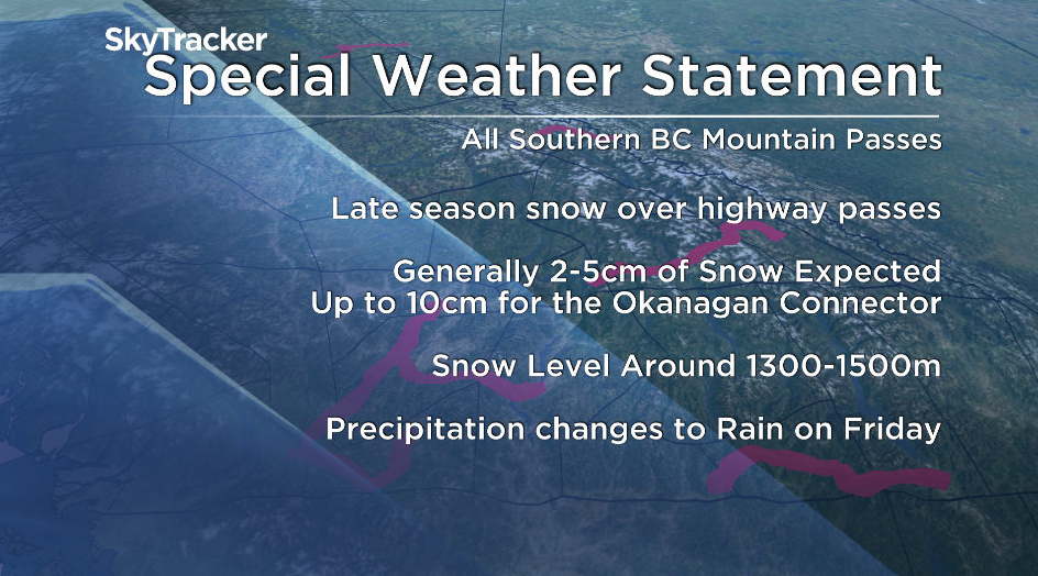 Environment Canada has issued a special weather statement for late season snow on all Southern BC mountain passes.