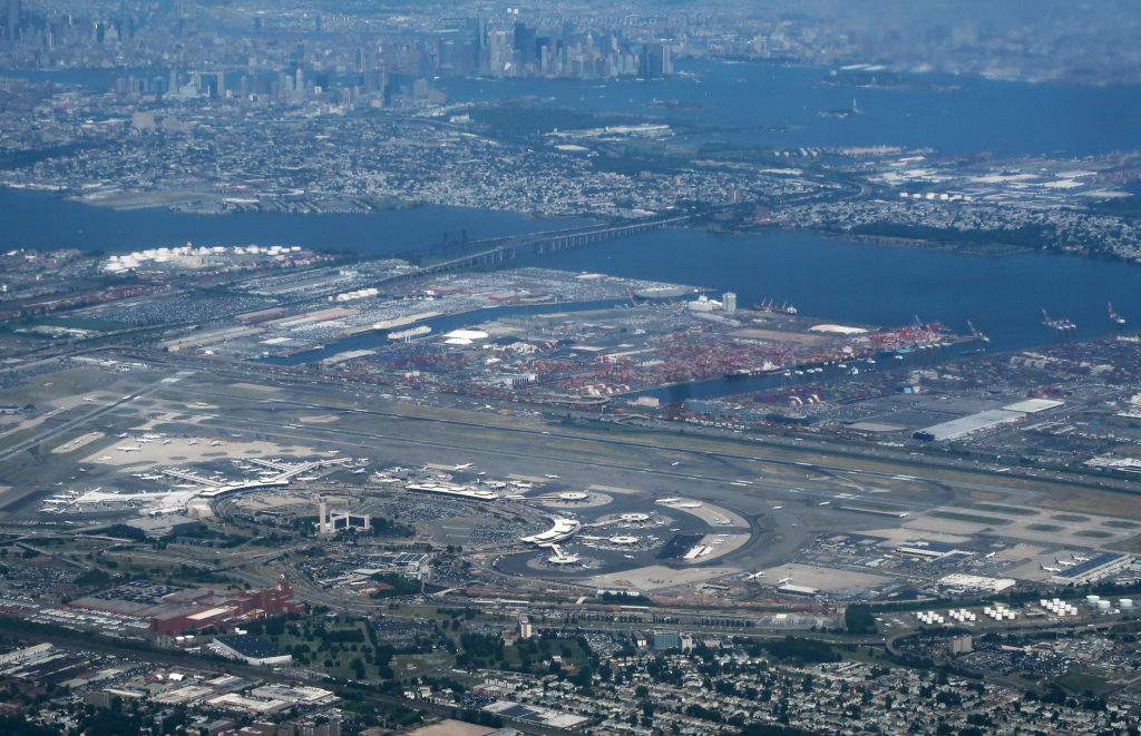 NEWARK, NJ - JULY 5: Newark Liberty International Airport and Port Newark are seen with lower Manhattan on July 5, 2018 in Newark, New Jersey. 