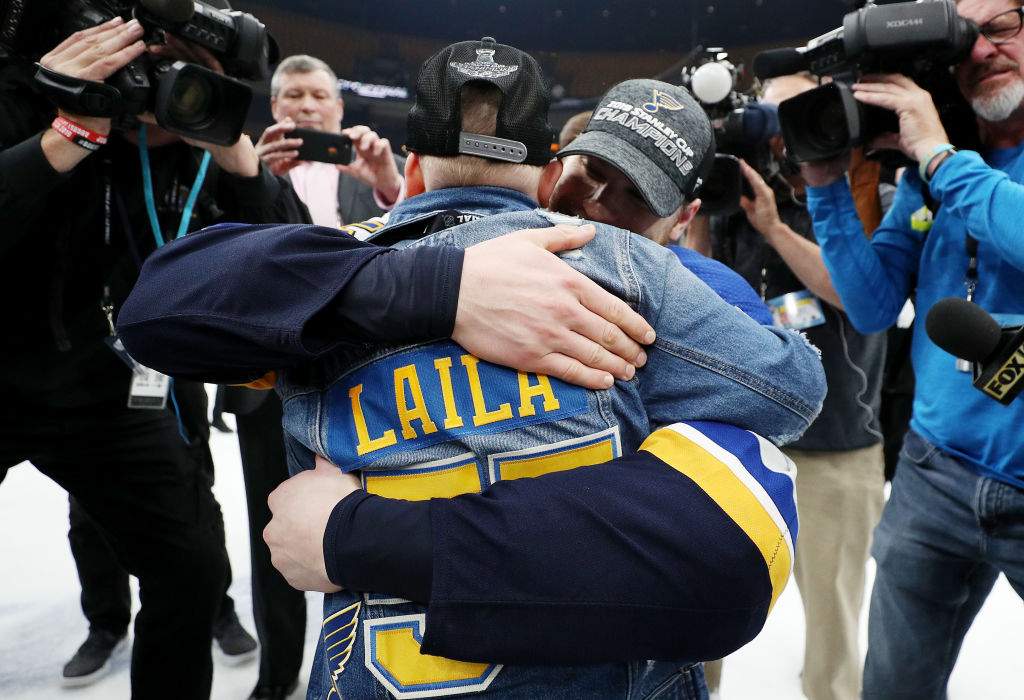 BOSTON, MASS. — JUNE 12: Colton Parayko, No. 55 of the St. Louis Blues, and Laila Anderson celebrate after defeating the Boston Bruins in Game 7 to win the 2019 NHL Stanley Cup final at TD Garden on June 12, 2019 in Boston, Mass. (Photo by Patrick Smith/Getty Images)