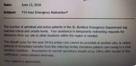 A memo obtained by Global News about the 24 hour redirection at St. Boniface hospital.
