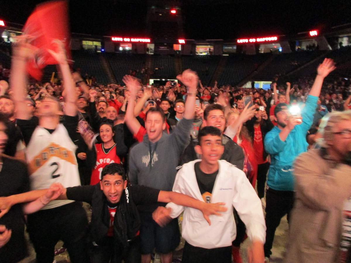 Fans erupt at First Ontario Centre as Raptors win the 2019 NBA Finals.