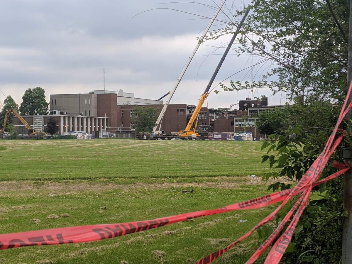 Heavy machinery is visible on the north side of York Memorial Collegiate Institute. According to the board, the building sustained severe structural damage.