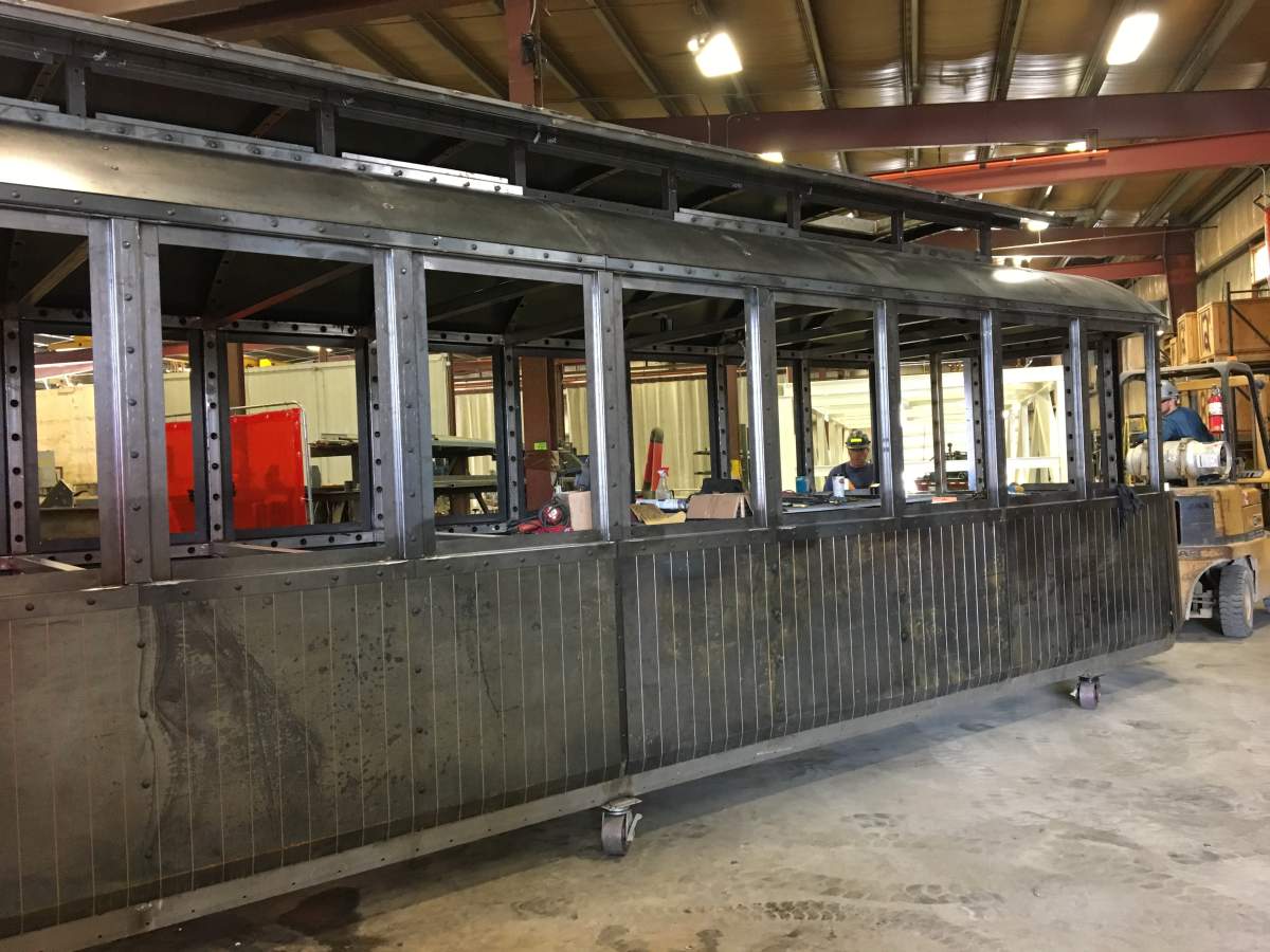 The streetcar art sculpture while it’s being constructed at a warehouse in Transcona.