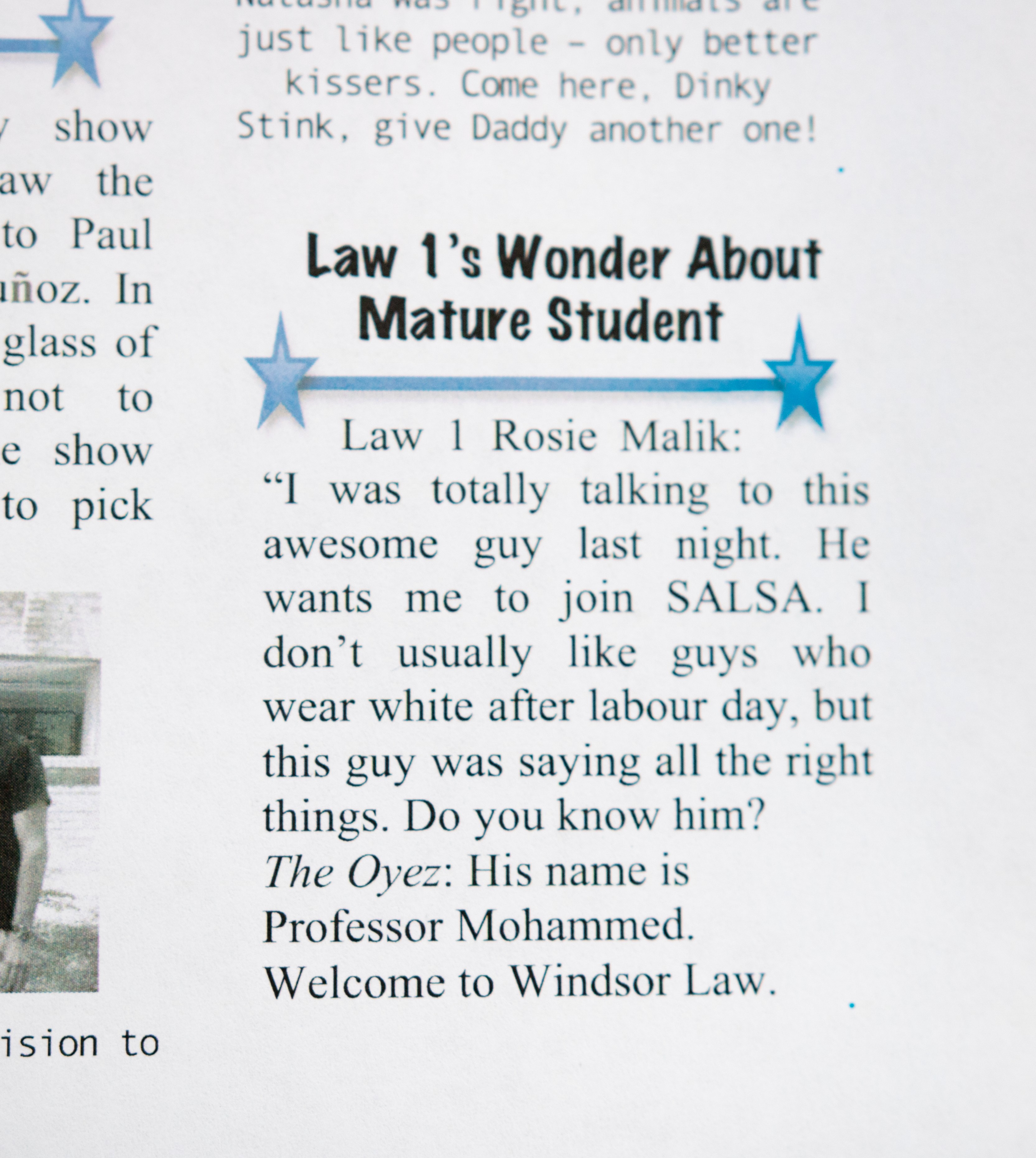An attempt at a joke in a 2006 issue of The Oyez, a law student magazine, that references Professor Emir Crowne’s relationship with students.