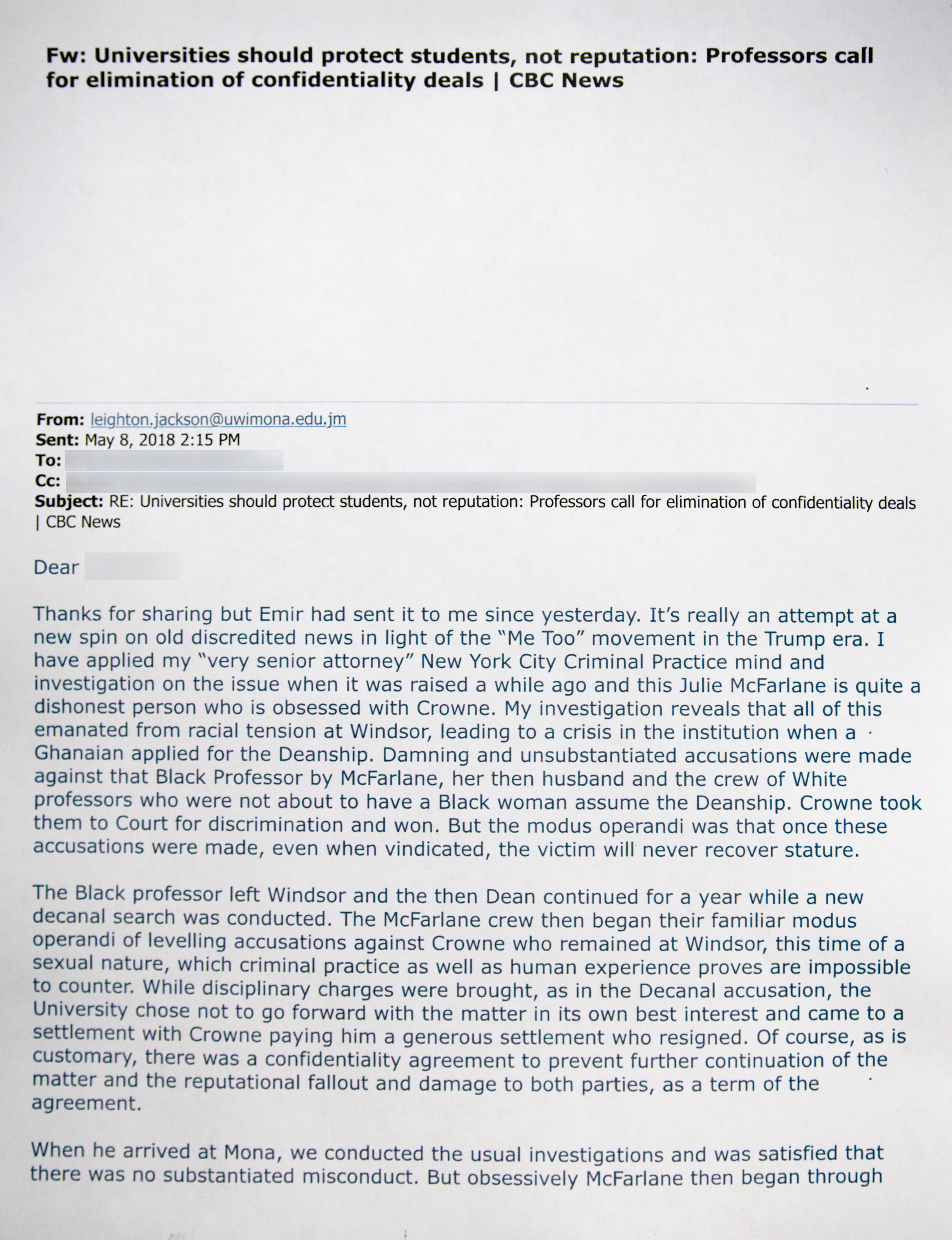A portion of the email sent in May 2018 from the law dean at the University of the West Indies following a CBC article connecting the university’s then-senior lecturer, Emir Crowne, to sexual harassment allegations in Canada.