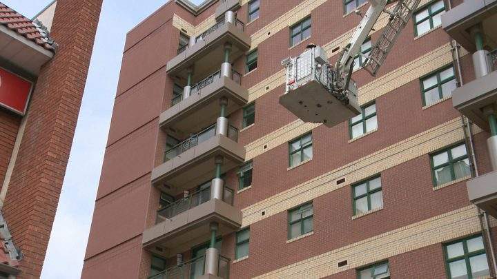 A woman died early Wednesday morning as Calgary police attempted to arrest her in the Eau Claire area. She went off a fifth-floor balcony and died later in hospital.
