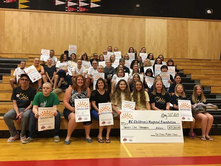 Staff and students at École Dr. Knox Middle School in Kelowna gather for a group photo after cutting their hair and shaving their heads to raise money for B.C. Children’s Hospital.