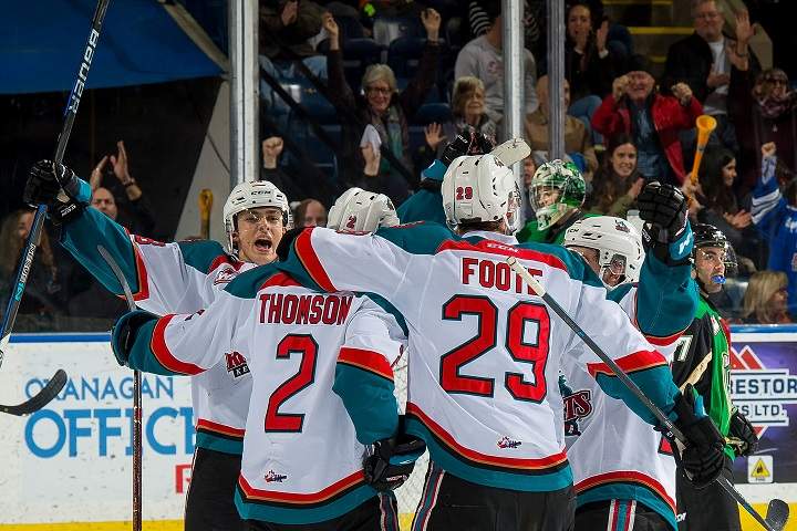 Nolan Foote celebrates a goal with his Kelowna Rockets teammates, including Lassi Thomson, during regular-season action against the visiting Prince Albert Raiders on Jan. 19, 2019. Kelowna won 4-3 in a shootout. Foote had one goal and two assists while Thomson had one goal in the win.