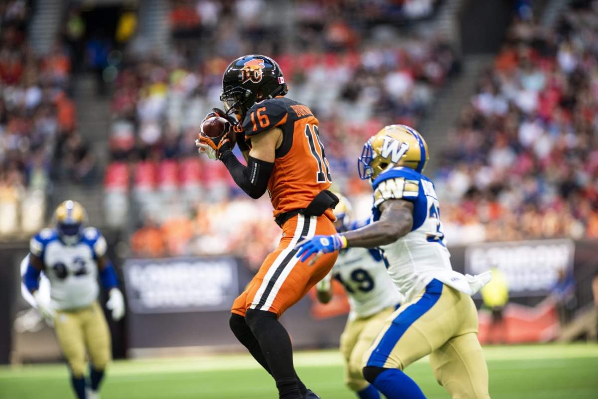 Bryan Burnham (16) makes a catch during the first half of CFL action in Vancouver, B.C., Saturday, June 15, 2019.