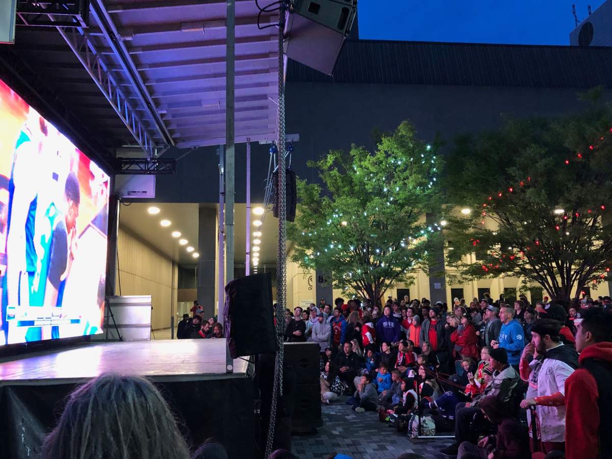 Londoners gather for the city’s NBA Finals viewing party held in Dundas Place.