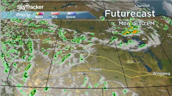 Low-pressure system moving through causing scattered showers across Saskatchewan.